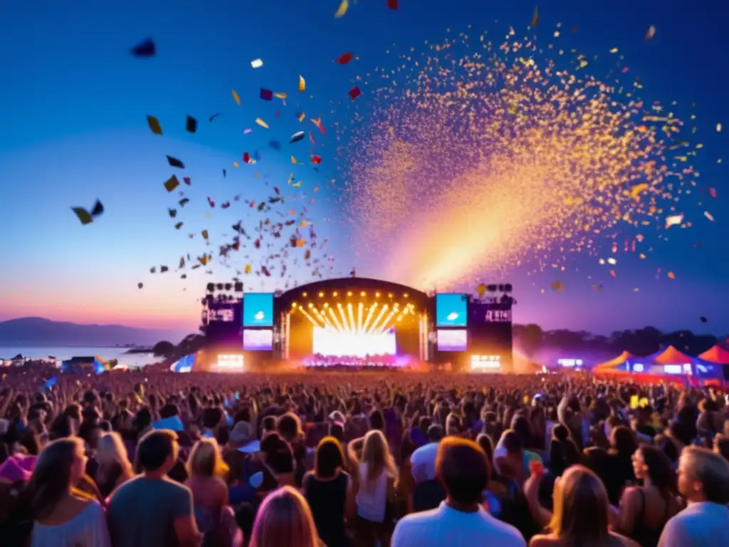 Fotografía de festivales internacionales: Multitud iluminada por luces vibrantes, confeti en el aire y naturaleza serena