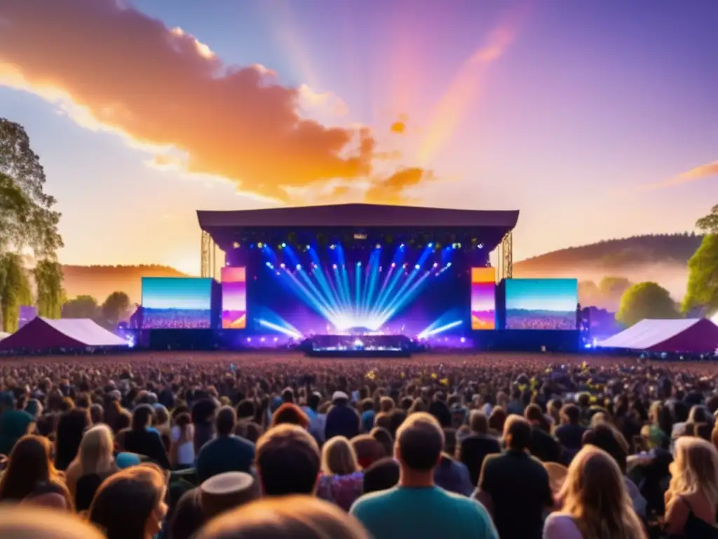 Influencia música moderna en festivales primavera: escena vibrante con música, luces deslumbrantes y multitud emocionada, entre flores flotantes