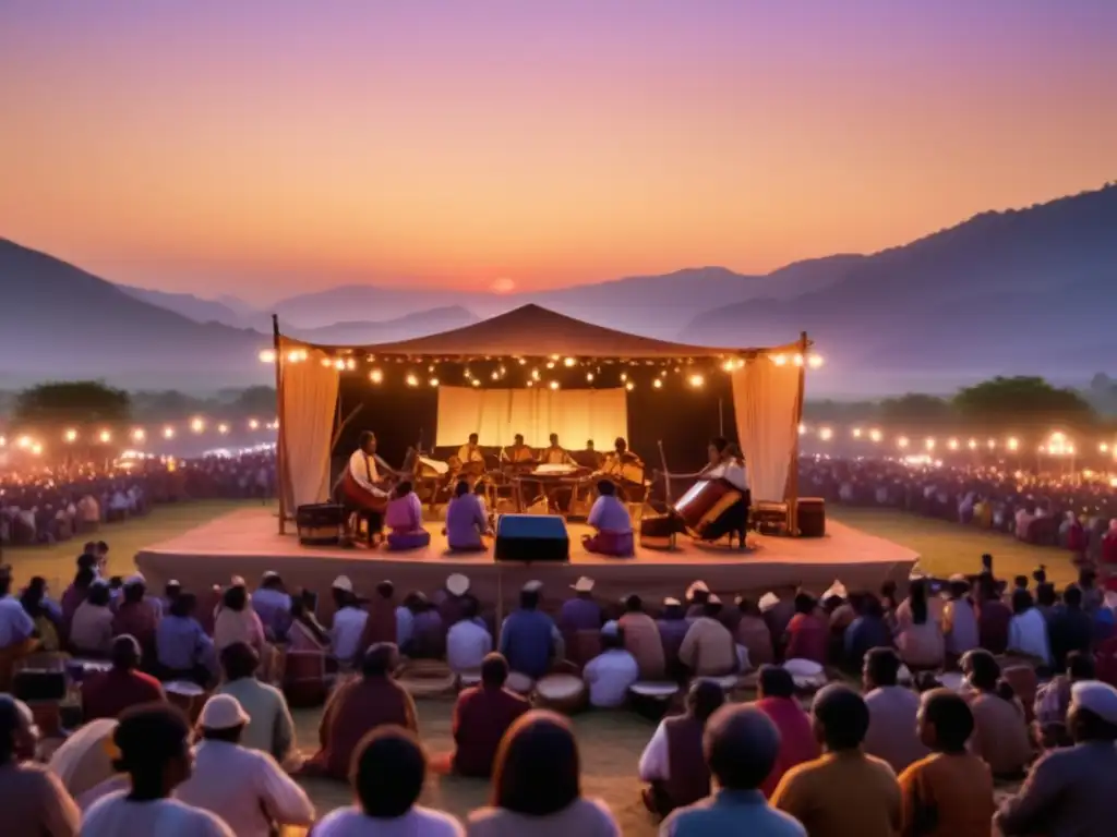 Festival música tradicionales al atardecer: escena mágica, músicos apasionados, público entregado, montañas de fondo