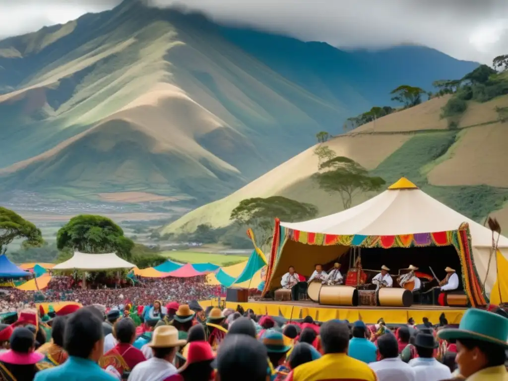 Festival música tradicional Ecuador: escena vibrante con artistas, montañas y público diverso disfrutando la música y la cultura