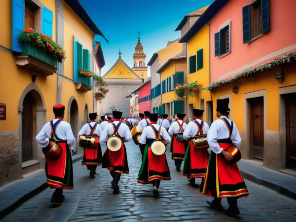 Festivales música tradicionales mundo: Escena vibrante de músicos en trajes tradicionales recorriendo una calle empedrada, rodeada de edificios centenarios