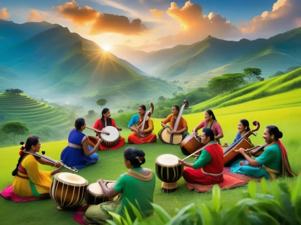 Festivales tradicionales música mundial: una imagen vibrante y etérea que captura la esencia de festivales de música tradicionales alrededor del mundo