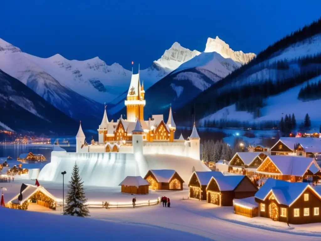 Festival Nieves Canadá: paisaje encantador, montañas nevadas, pueblo pintoresco, castillo de hielo, ambiente mágico