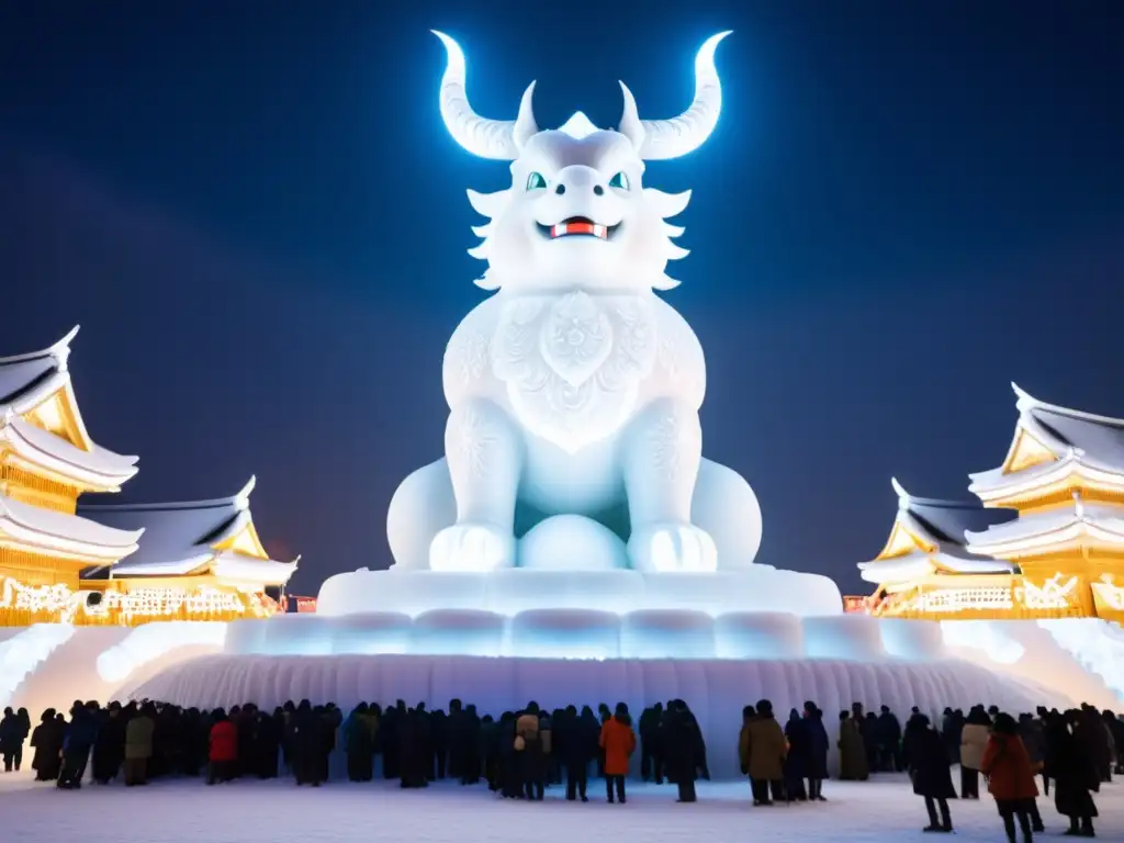 Festival Nieve Sapporo Japón: Escultura de nieve iluminada, paisaje invernal y cielo estrellado