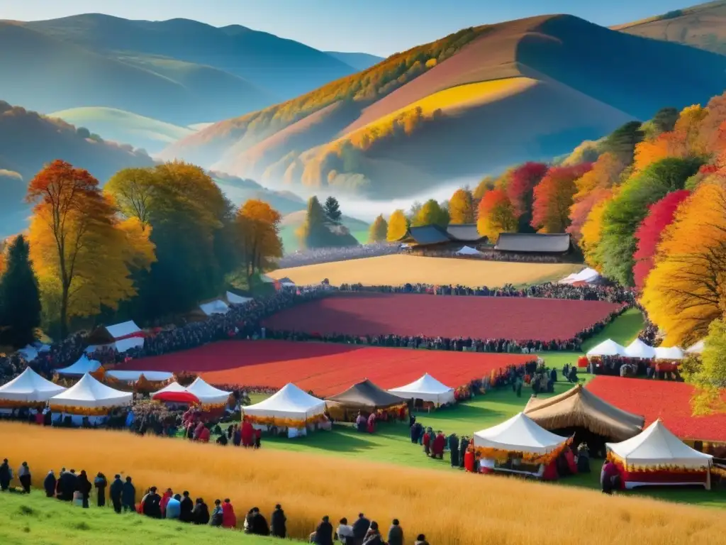 Festivales tradicionales de otoño en todo el mundo: Escena encantadora de festival con colores vibrantes, deliciosos alimentos y ambiente mágico