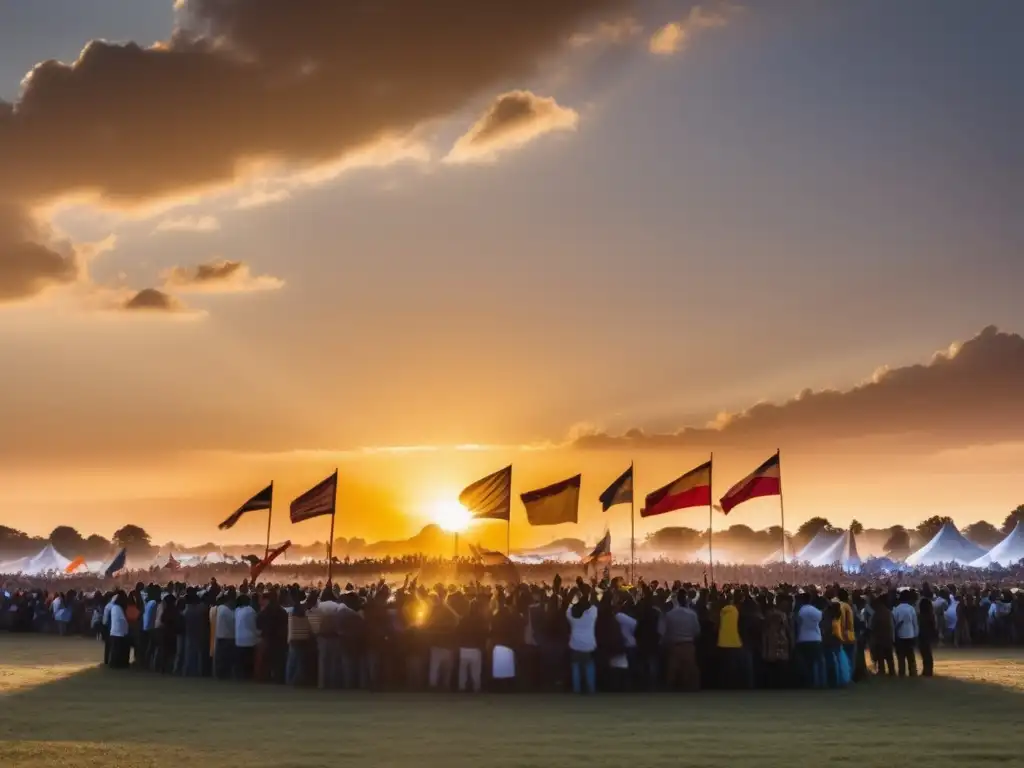 Festival de protesta y tradiciones en un campo abierto al atardecer: unidad, diversidad y esperanza