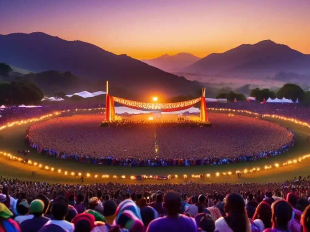 Festival de protesta histórico: campo abierto rodeado de montañas, escenario masivo con banderas y luces, multitud unida, música transformadora