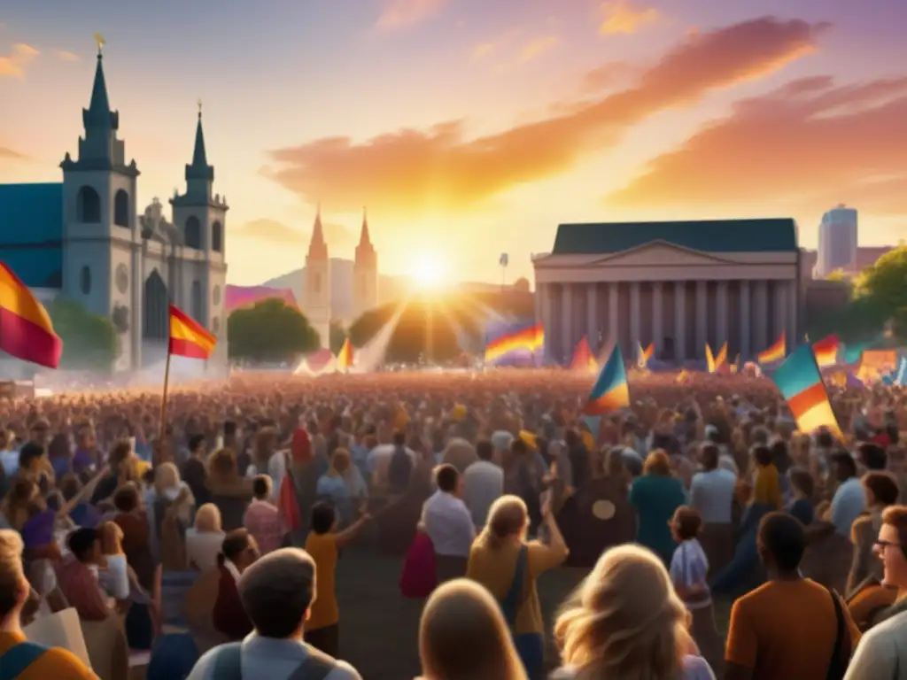 Escena etérea de un vibrante festival de música en una ciudad histórica, iluminada por la cálida luz del atardecer