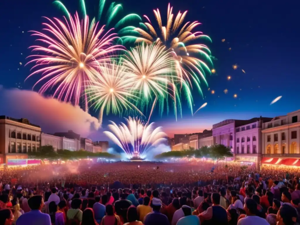 Festival de protesta con vibrante noche, fuegos artificiales, multitudes y mensajes de cambio