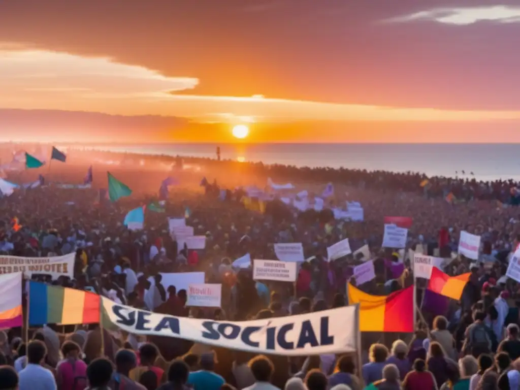 Festival protesta mundial: escena vibrante, diversidad, banners y consignas, energía y unidad