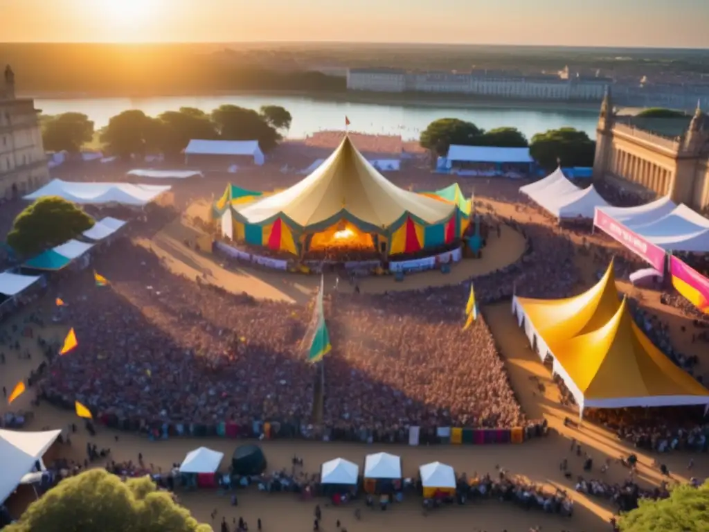 Festival de protesta mundial: escena vibrante y etérea, con multitudes, música y símbolos, cargada de energía y esperanza