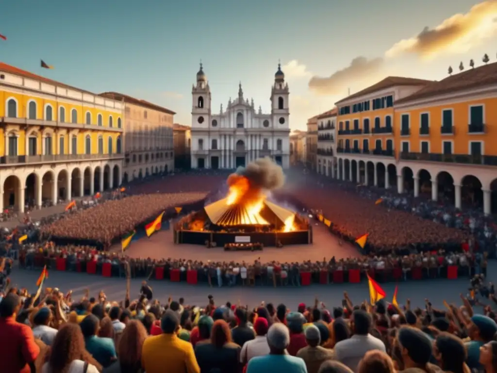 Festivales tradicionales como protesta: Escena vibrante de músicos y cantantes en plaza llena de banderas, uniendo a multitud en expresión artística