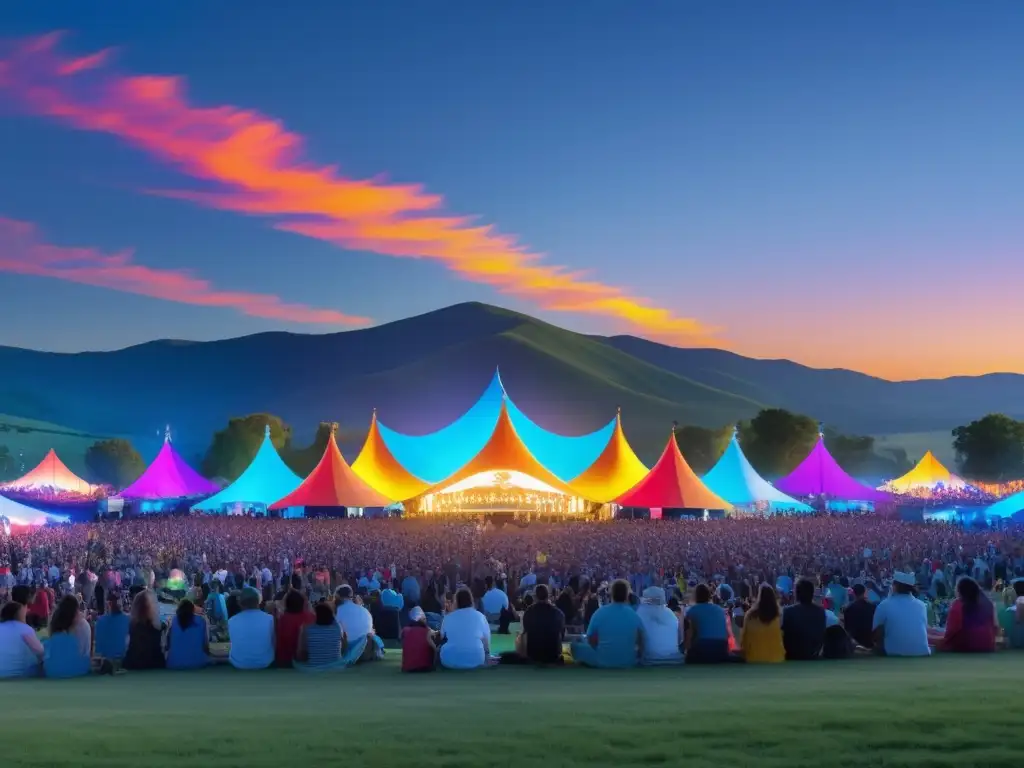 Festival de protesta mundial en un paisaje vibrante y etéreo de colinas y cielo azul, donde el arte, la cultura y el activismo se entrelazan