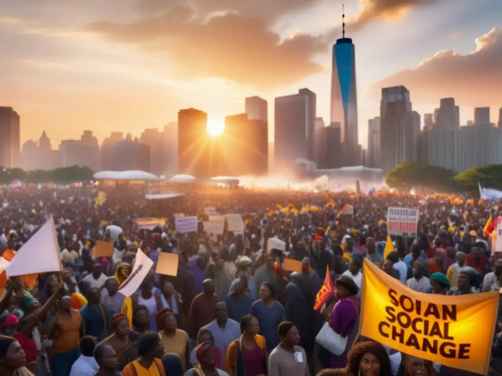 Fotografía impactante de festival de protesta en una ciudad con rascacielos y una multitud diversa y apasionada exigiendo justicia