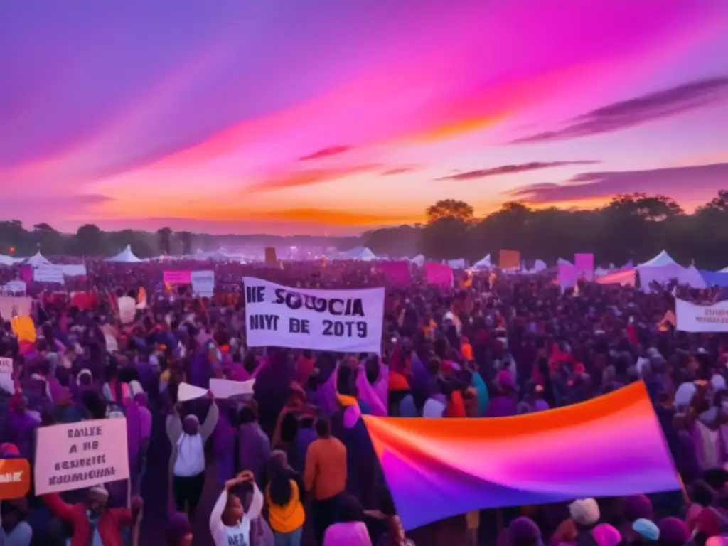 Escena vibrante y etérea de un festival de protesta con diversidad, música y mensajes poderosos