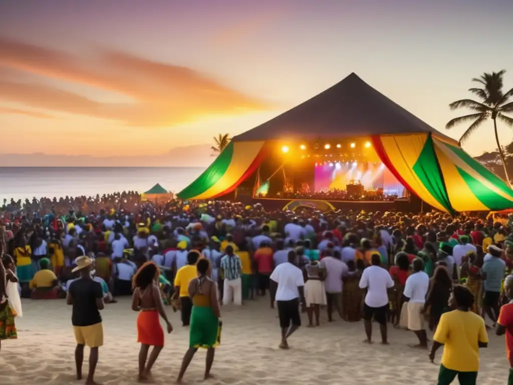 Festival reggae tradicional en la playa al atardecer