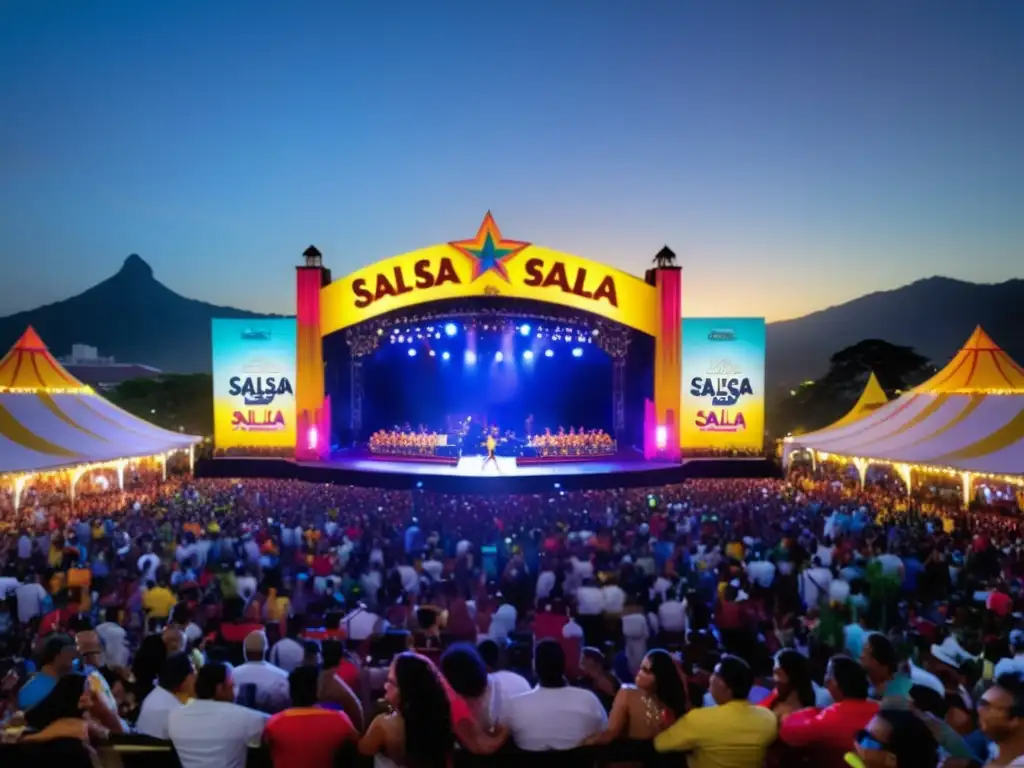 Festival de Salsa en Cali: Vista impresionante del escenario principal, vibrante y lleno de energía, rodeado de una multitud de entusiastas bailarines