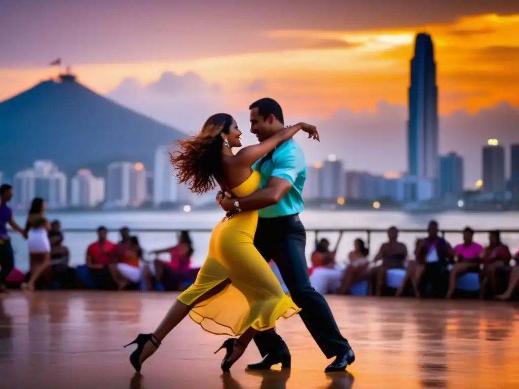 Festival de Salsa en Cali: Pareja de salsa bailando en un ambiente vibrante y colorido al anochecer de la ciudad