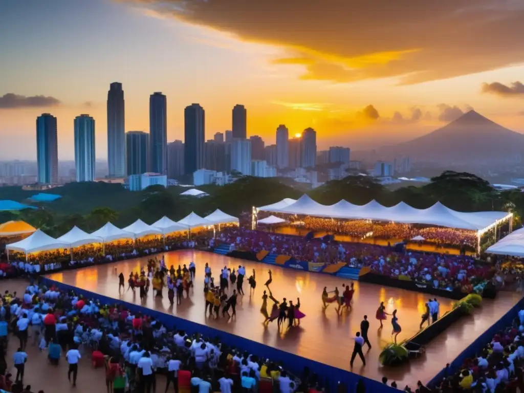 Festival de Salsa en Cali: Vibrante danza en un atardecer dorado, donde la música y la alegría se fusionan en armonía