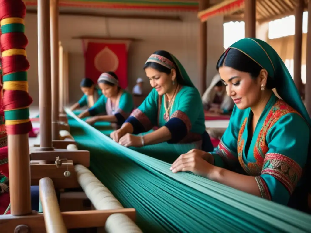 Festival Seda Uzbekistán: Escena vibrante de artesanos tejiendo seda en telares tradicionales, con la majestuosa Plaza Registán de fondo