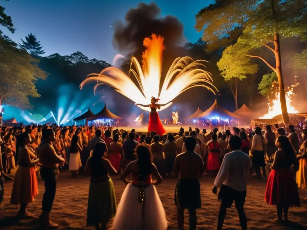 Festival subcultural en bosque místico: danza del fuego y unión en vibrante escena (Festivales subculturales tradicionales)