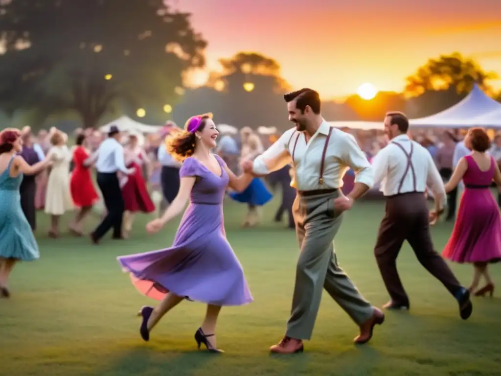 Festival de swing al aire libre con parejas bailando en un campo verde y vibrante