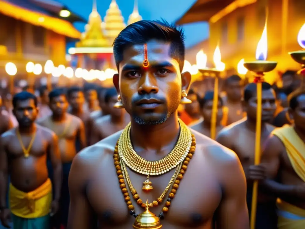 Celebración religiosa Thaipusam Malasia: Devotos en fervor espiritual y sacrificio, iluminados por una aura dorada