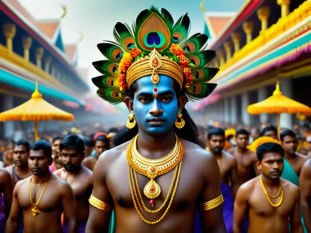 Celebración religiosa Thaipusam Malasia, imagen vibrante y mística capturando detalles y devoción de los devotos