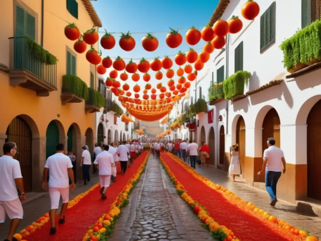 Vista vibrante de la calle de Buñol, España, sede del Festival Tomatina: tradición española divertida