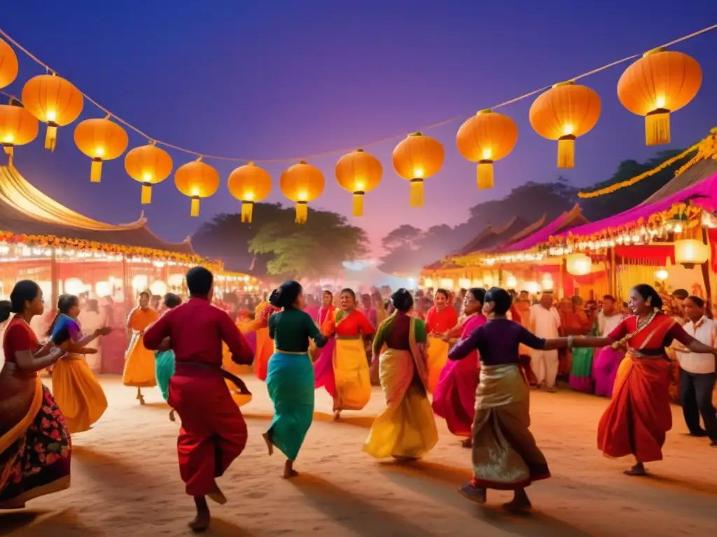 Fotografía de festivales tradicionales con danza, coloridos trajes, artesanías y delicatessen locales en un escenario etéreo al atardecer