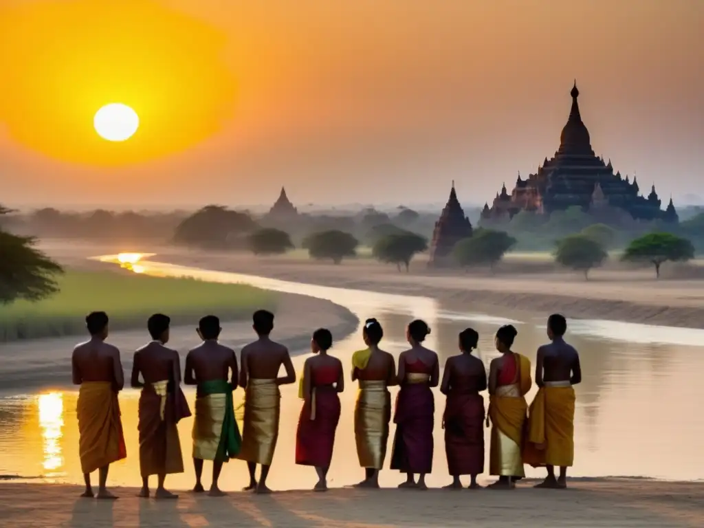 Festival del Agua en Myanmar: Escena mágica en Bagan, con locales vestidos de forma tradicional junto al río Irrawaddy, listos para el ritual