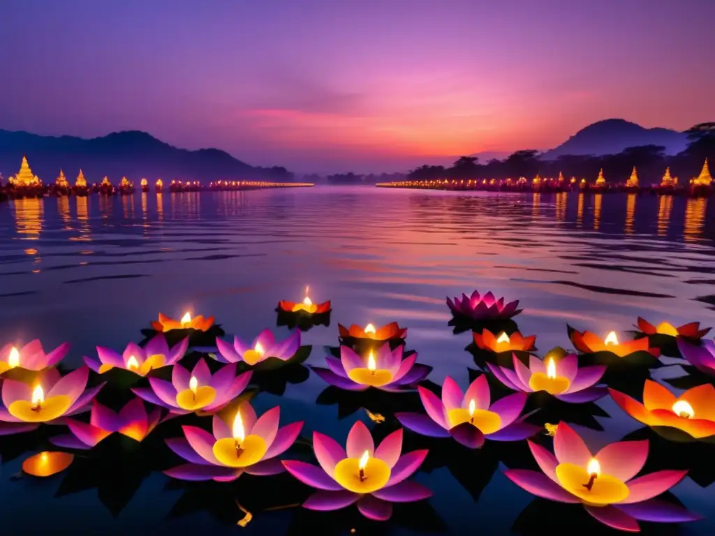 Festival del Agua en Myanmar: Escena mágica de atardecer con pagoda dorada, velas y flores de loto