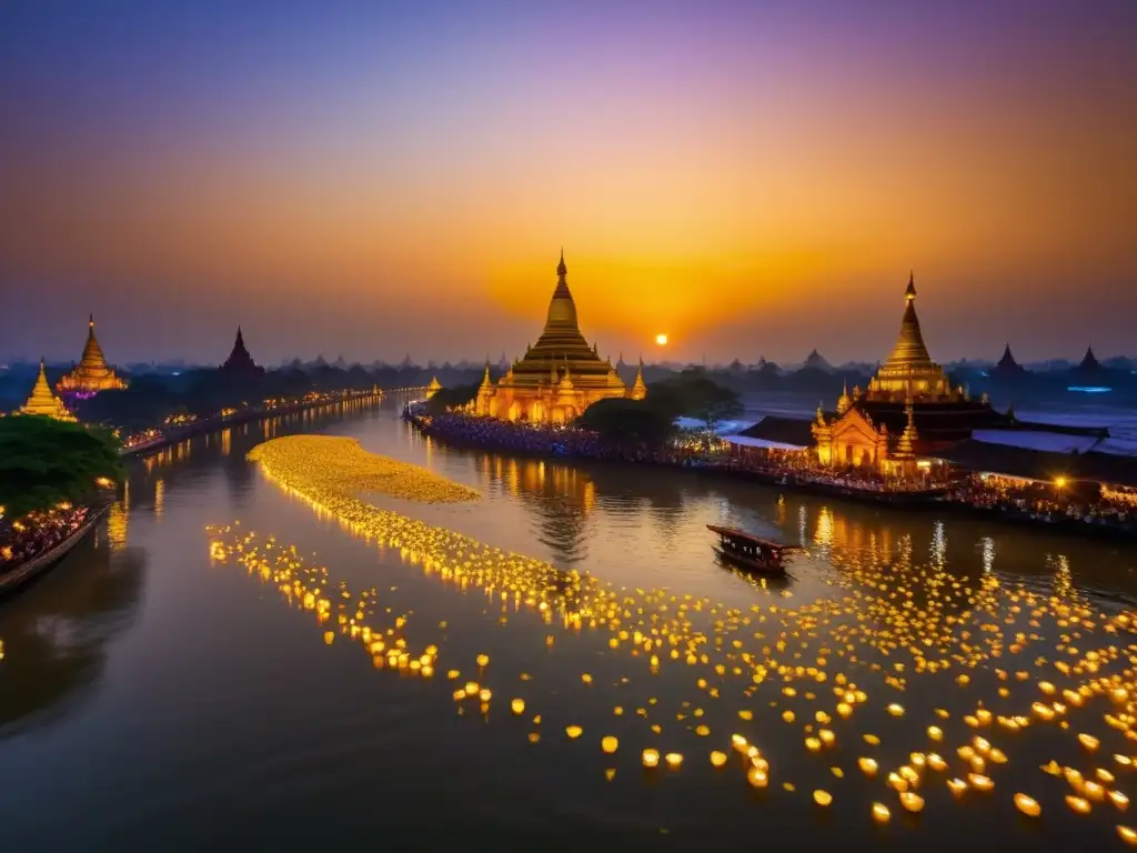 Festival del Agua en Myanmar: Sereno río con lanternas flotantes, pétalos y reflejo dorado al atardecer, Yangon al fondo