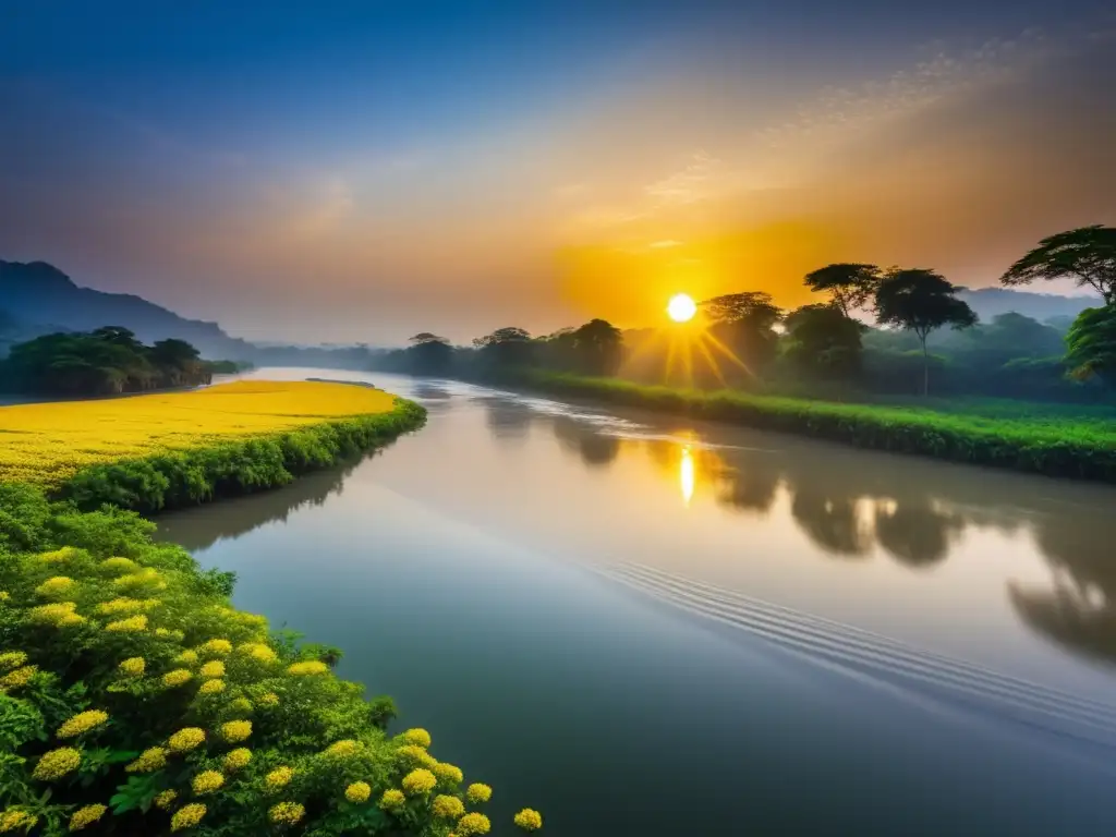 Festival del Agua en Myanmar: Un paisaje sereno con río, naturaleza exuberante, templos y un amanecer radiante