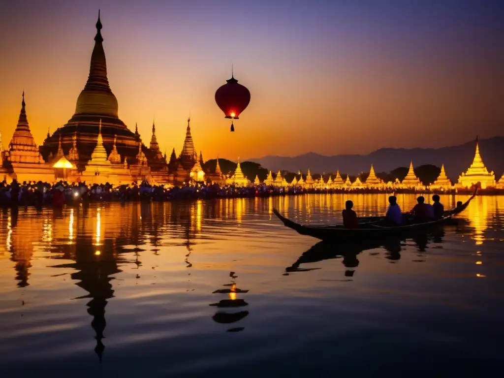 Escena mágica del Festival del Agua en Myanmar, con agua iluminada por linternas flotantes y siluetas de pagodas contra el cielo crepuscular