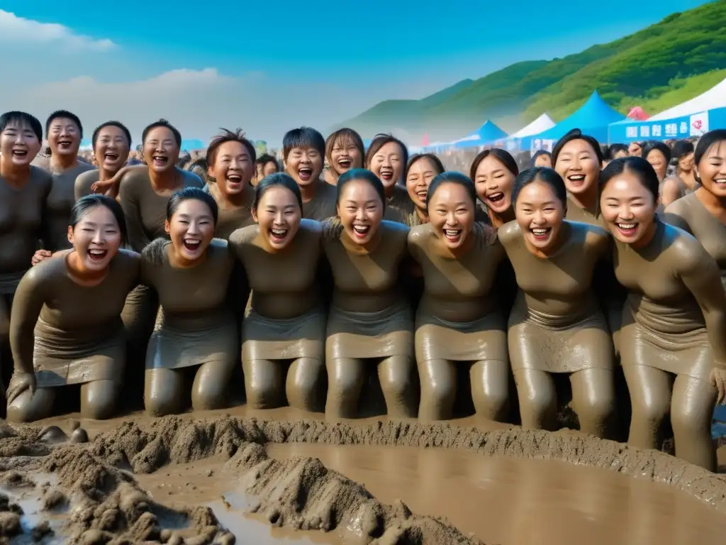 Festival Boryeong Mud en Corea del Sur: Alegre escena de festival con participantes cubiertos de lodo, bajo el cielo azul y colinas