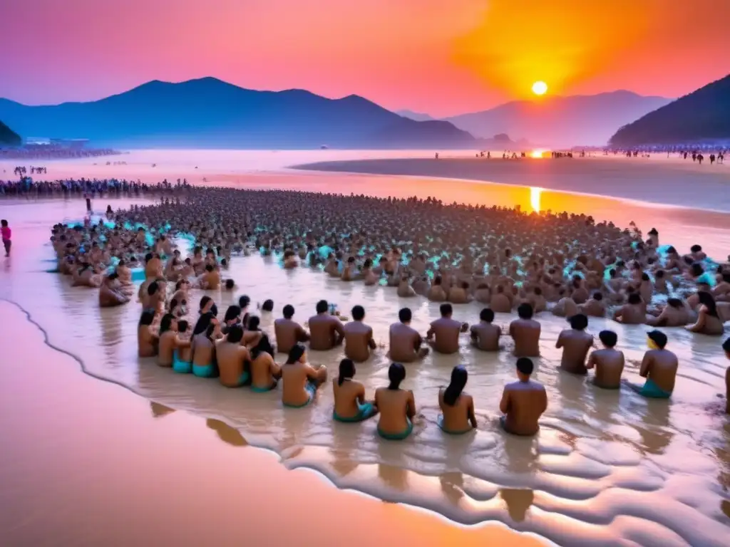 Festival Boryeong Mud Corea del Sur: Fiesta en la playa con agua turquesa, arena dorada y festivaleros cubiertos de barro, en un ambiente mágico