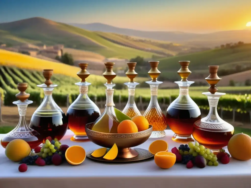 Festival de brandy en Armenia: paisaje espectacular, mesa adornada con decantadores y frutas, personas en trajes tradicionales brindando con alegría