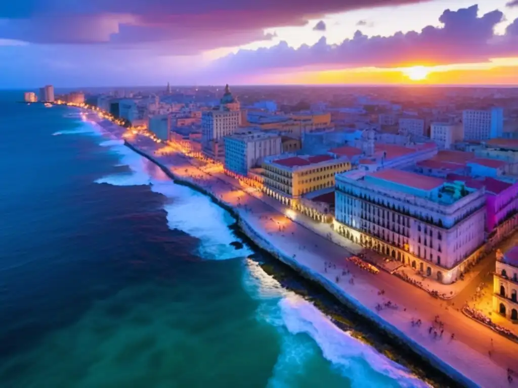 Aerial view of Havana, Cuba during Festival del Cine Latinoamericano: Vibrant cityscape, iconic Malecon, colonial theater, enchanting Cuban cinema