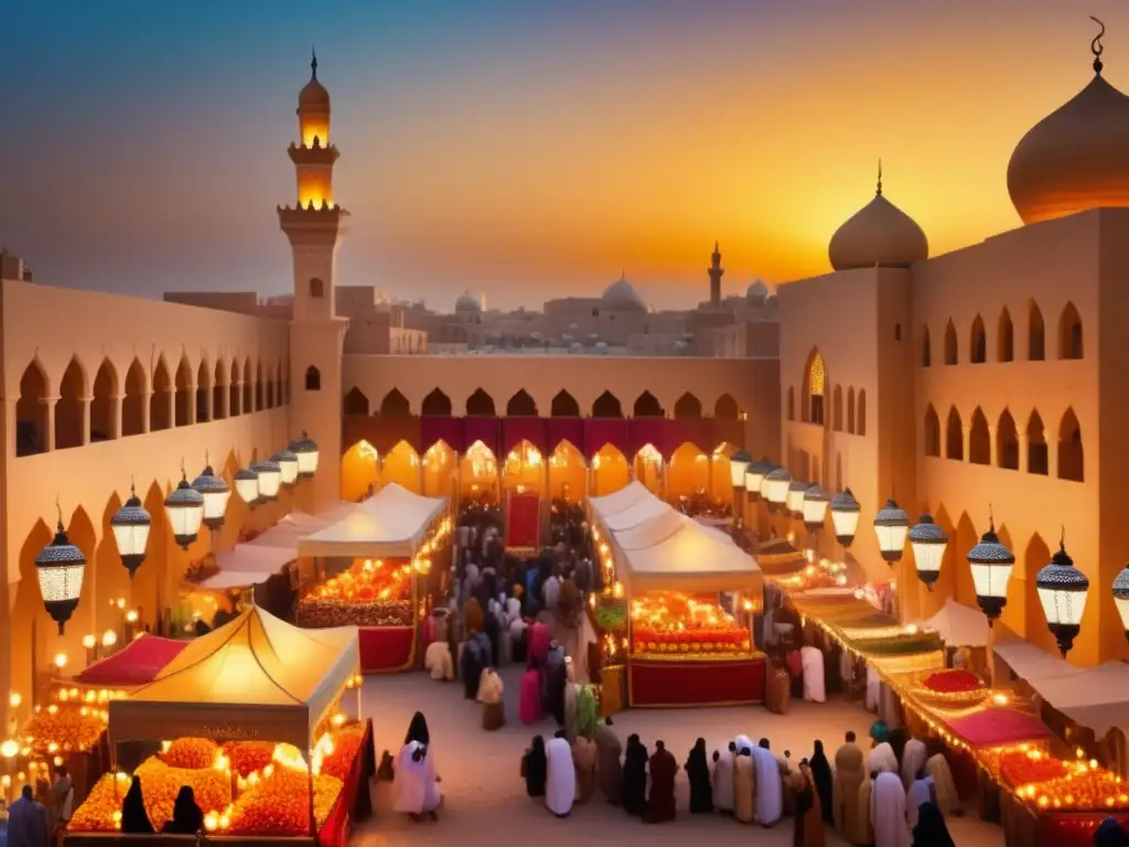 Festivales tradicionales Medio Oriente: una imagen etérea y realista de un animado mercado en el Medio Oriente, lleno de colores y texturas vibrantes