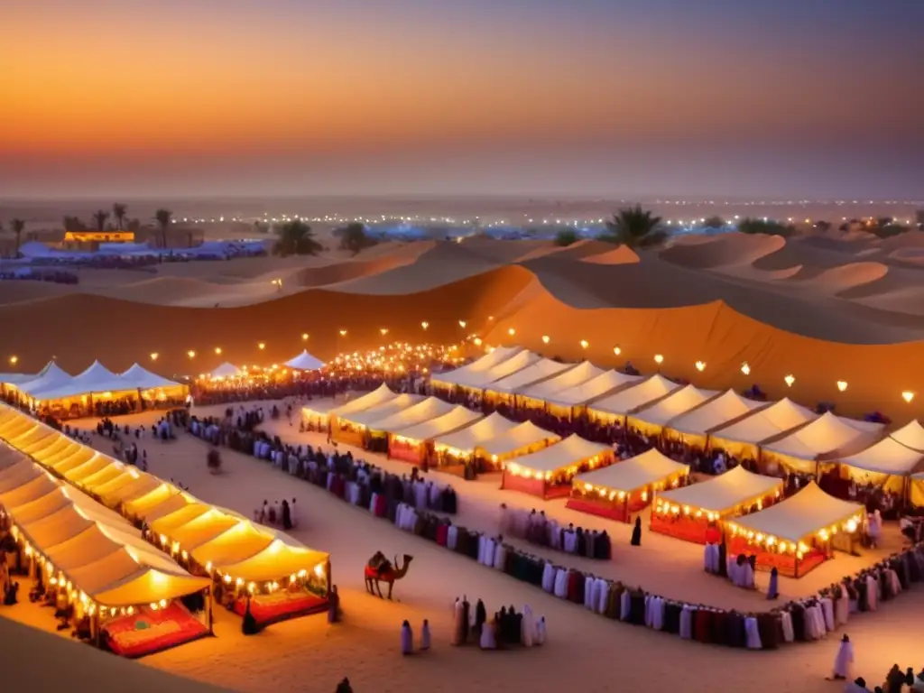 Evolución de festivales en Medio Oriente: escena vibrante de tradiciones, artesanía, música y baile en un paisaje desértico al atardecer