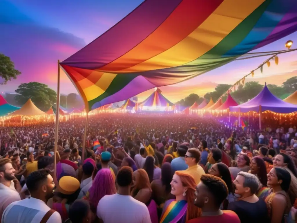 Festivales LGBTQ+ en la cultura pop con vibrante multitud diversa, banderas arcoíris y energía de celebración y orgullo