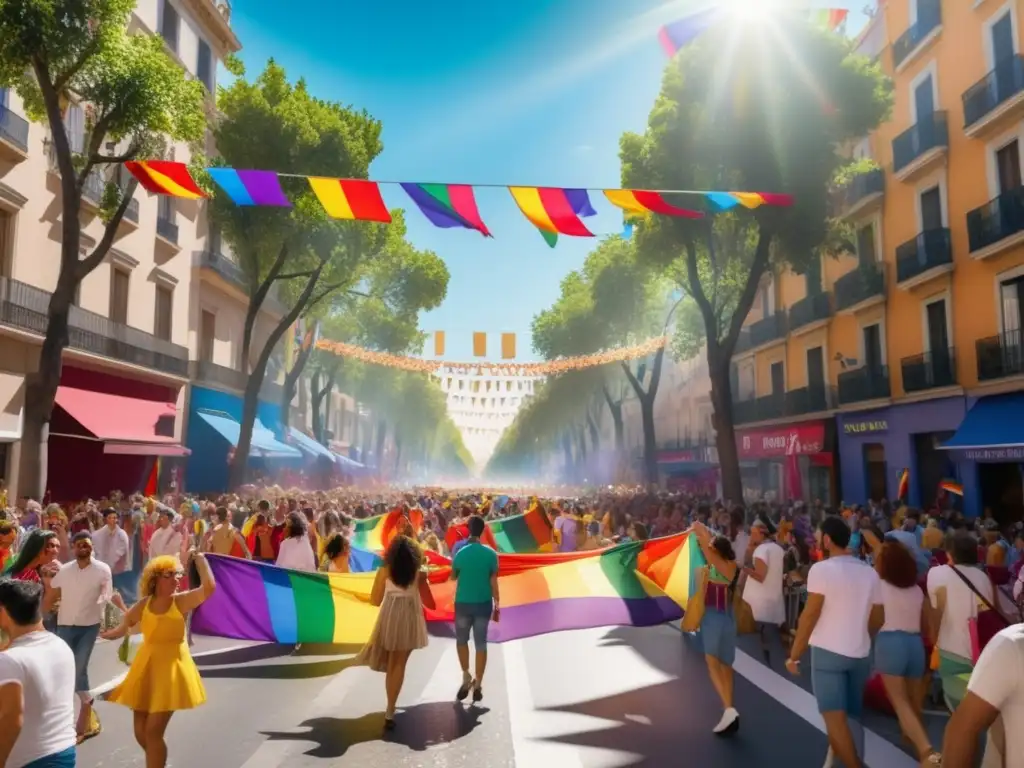 Festival del Orgullo en Madrid: Calle vibrante con multitud diversa ondeando banderas LGBTQ+ y luciendo trajes coloridos