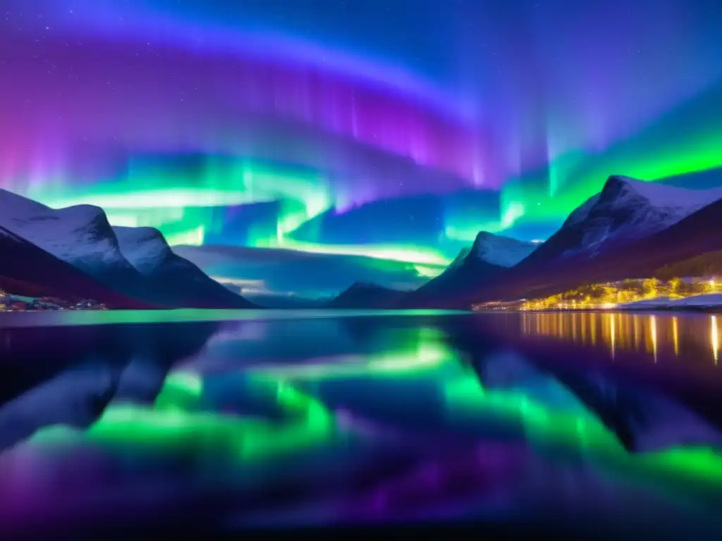 Festival Sol de Medianoche Noruega: Belleza etérea del paisaje nocturno, con el cielo púrpura, auroras boreales y casas de madera iluminadas