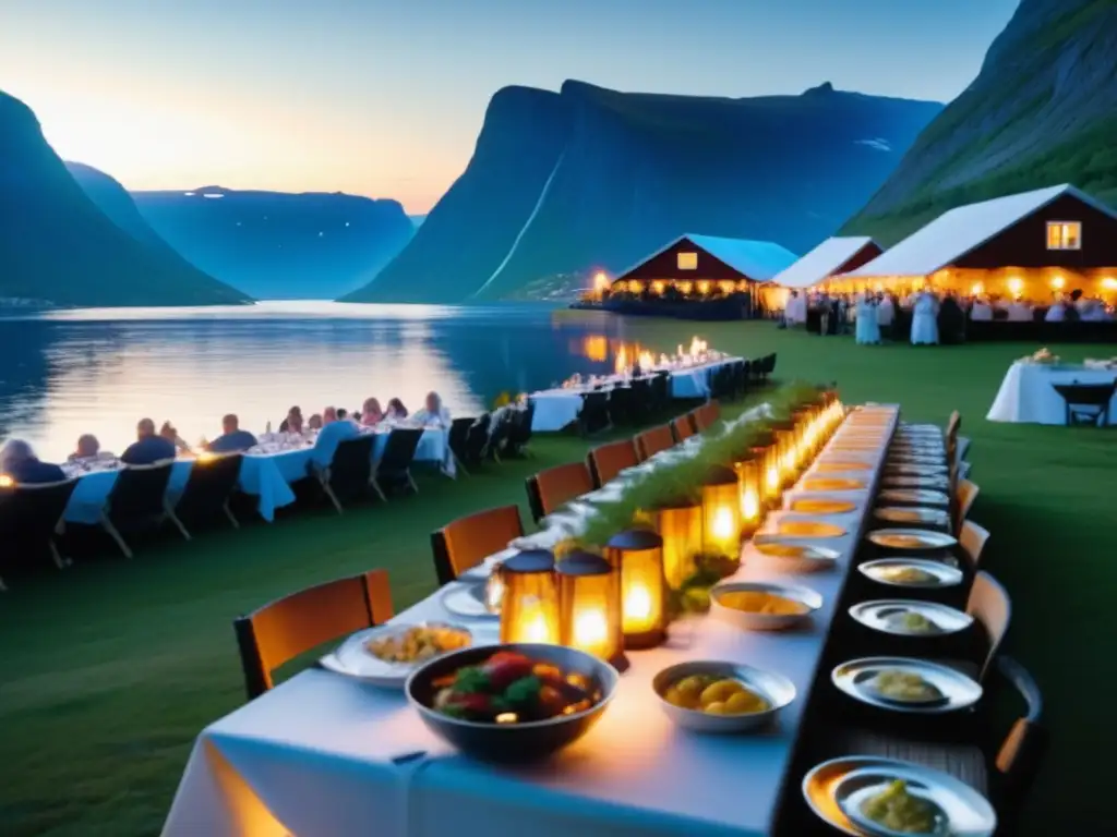 Festival Sol de Medianoche Noruega: Escena mágica con mesa llena de platos tradicionales, paisaje de fiordos y gente brindando con aquavit