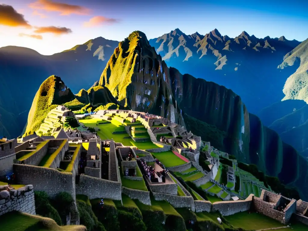 Festival del Sol en Perú al atardecer, desvanecimiento del sol, ruinas de Machu Picchu, ambiente místico y festivo