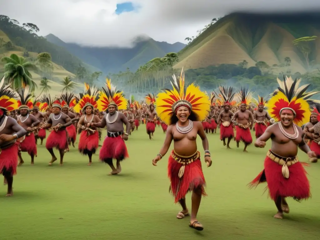 Festival del Yam en Papúa: escena vibrante y colorida de celebración tradicional en medio de exuberante naturaleza y colinas