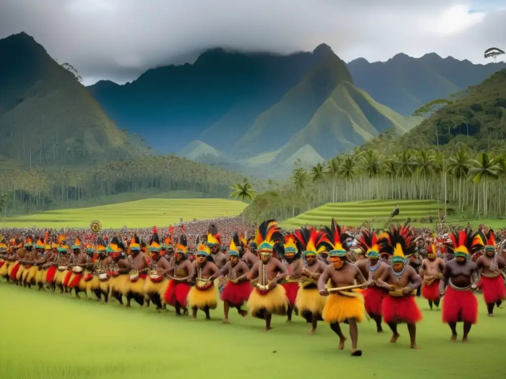 Festival del Yam en Papúa Nueva Guinea, escena vibrante y colorida en un valle rodeado de montañas majestuosas