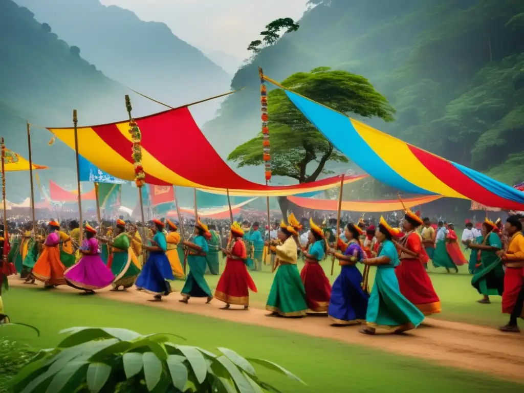 Festivales ecológicos tradicionales: procesión vibrante, música tradicional, naturaleza exuberante, coexistencia armoniosa