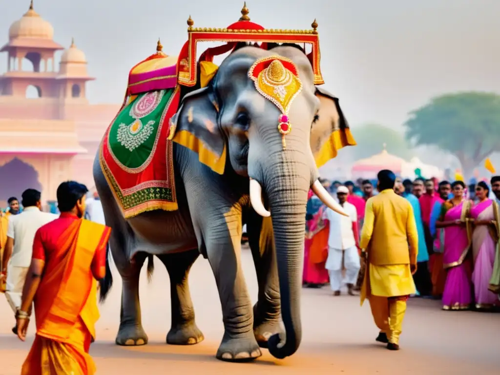 Festival Elefantes en Jaipur, India: vibrante escena de celebración con elefante adornado, música, danza y colorido